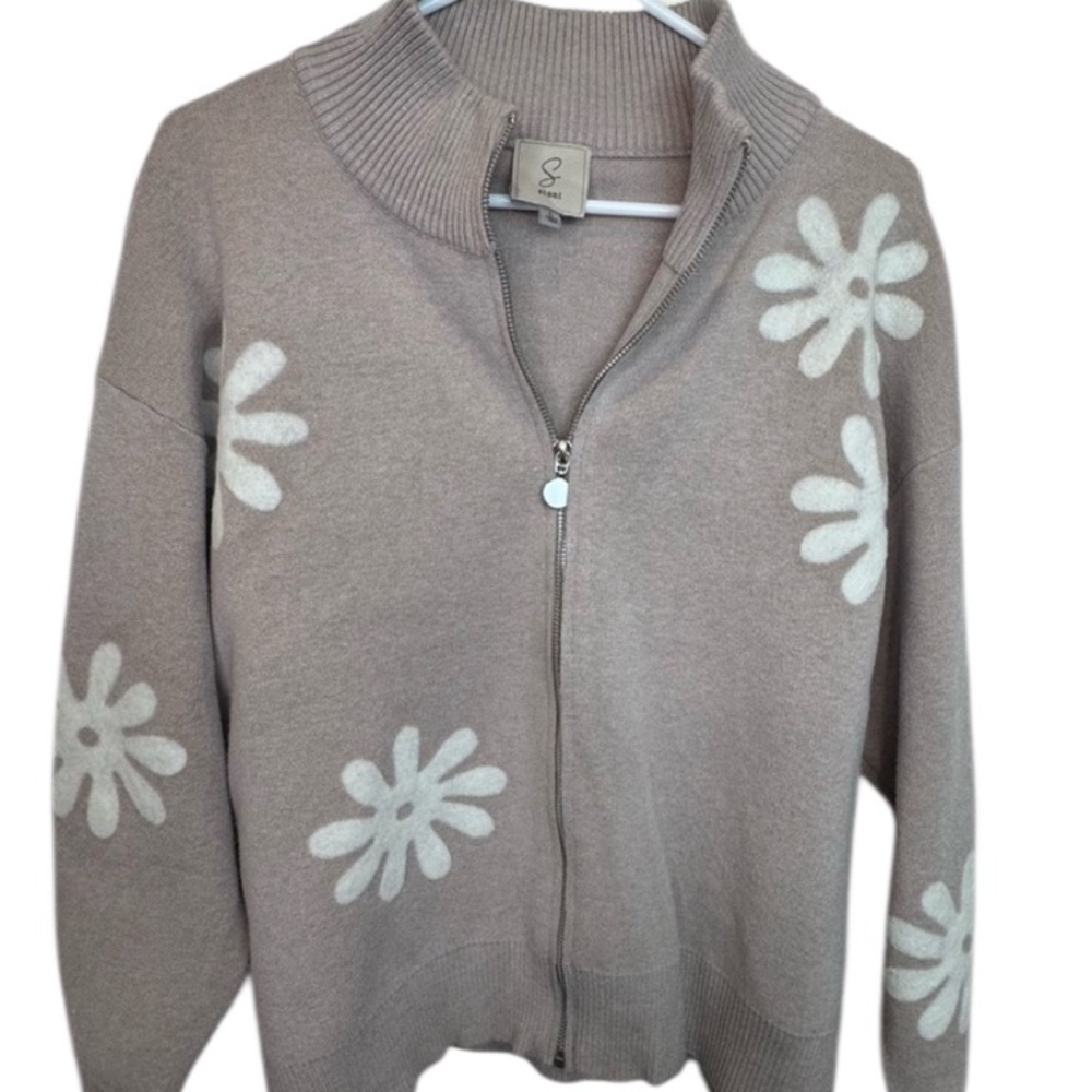 Sioni Full Zip cardigan Tan and Ivory Floral Size L